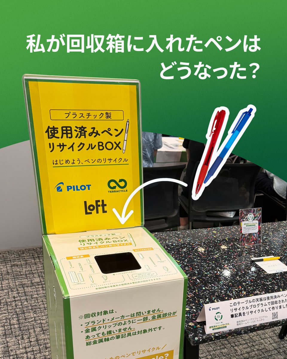 terracyclejp's tweet photo. パイロットとテラサイクルが実施している使用済みペンリサイクルプログラム。これまでの回収量は7トン以上。

お預かりした使用済みの筆記具は、時計やペン立て、新しいペンなど、さまざまなものへと生まれ変わっています。
@PilotPenJP @LOFT_Official
#pilotpen #ボールペン #ロフト #loft #テラサイクル