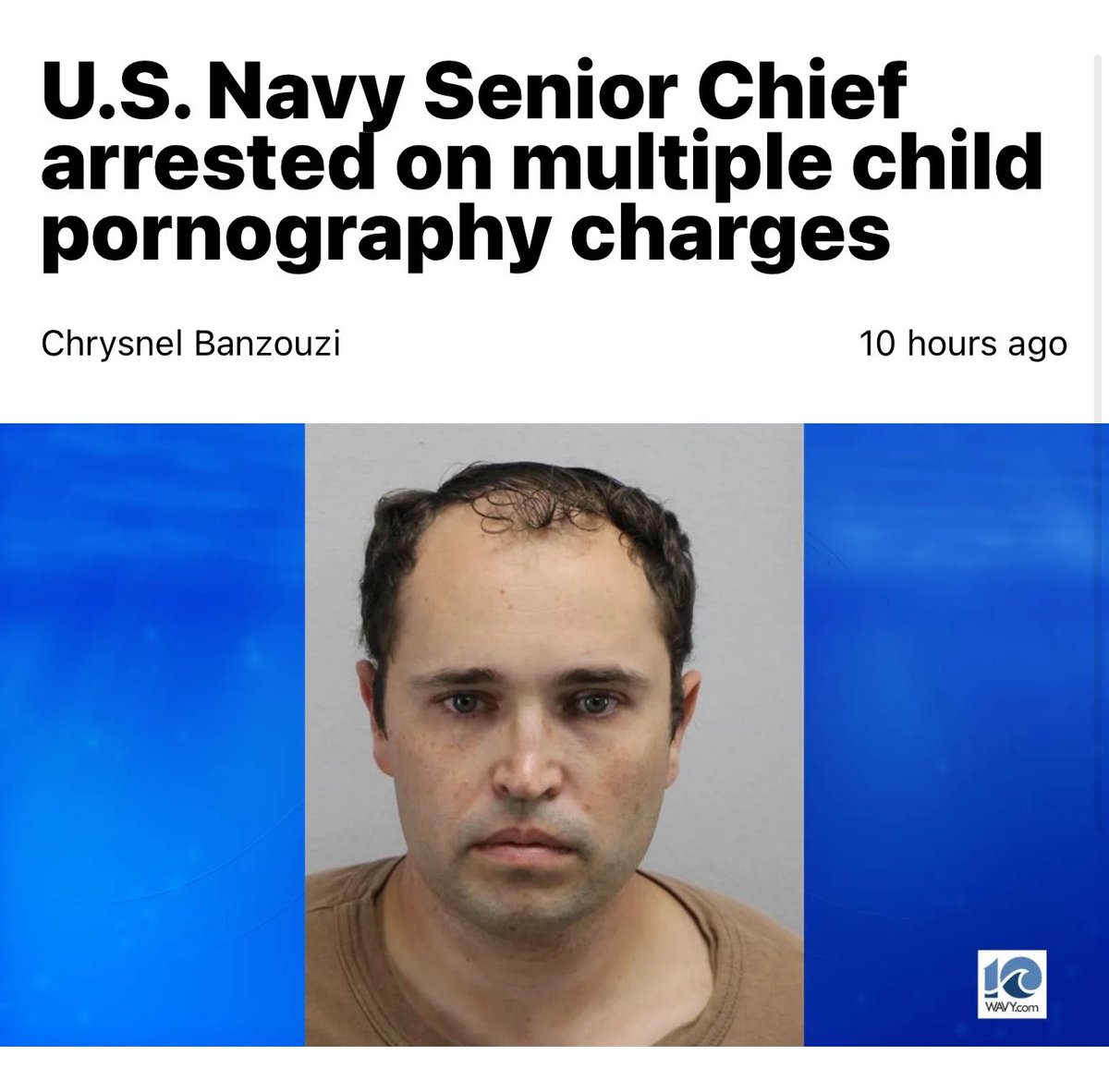 NativeTexan_17's tweet photo. “A U.S. Navy Senior Chief was arrested Thursday in connection with child pornography. 

Following a joint investigation between NCIS and the Virginia Beach Police Department, Christopher James Parker was taken into custody on July 2. He is facing ten counts of child pornography.” https://t.co/dSrBC1R7Ms