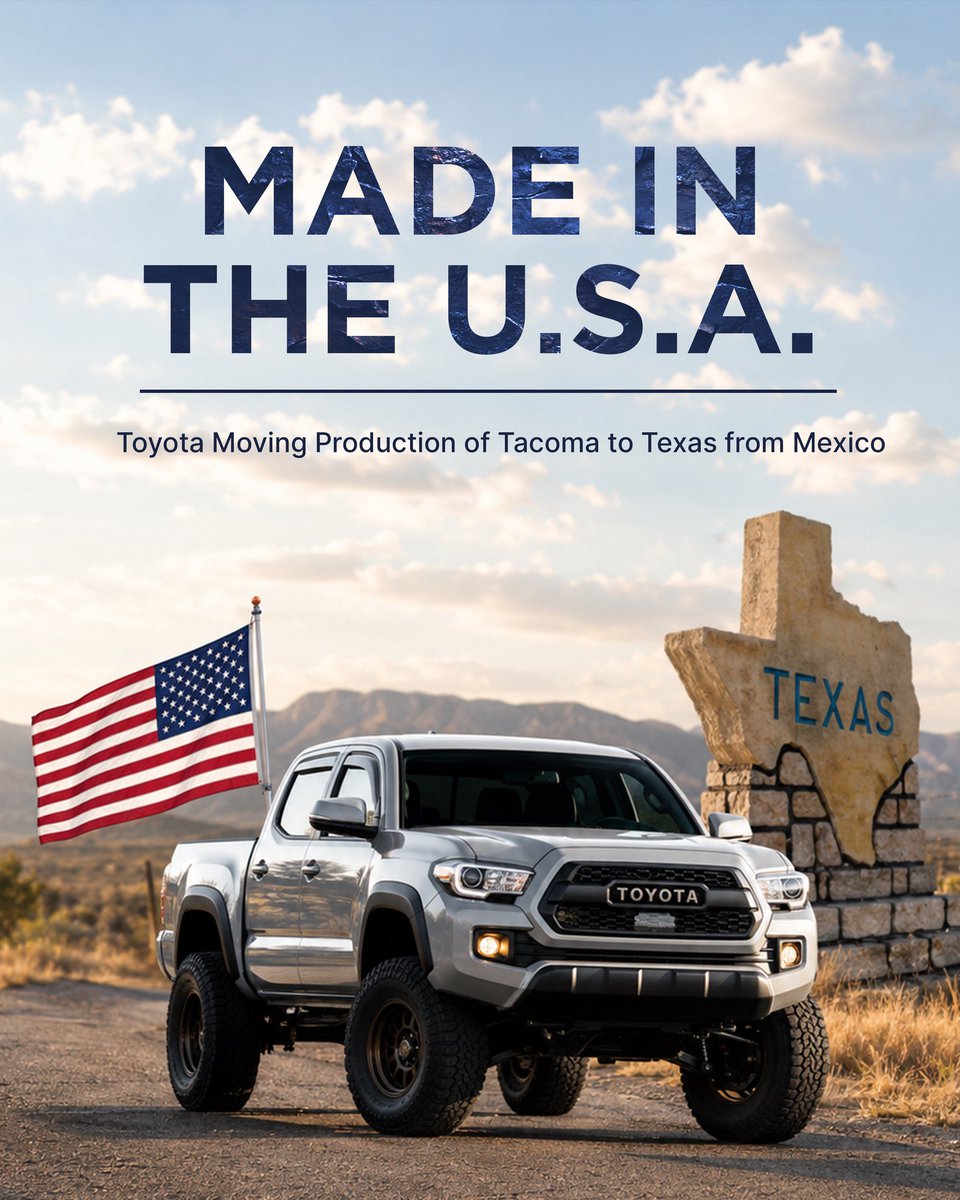 rakeshnataraj's tweet photo. WELCOME TO TEXAS 🤠

Toyota is officially moving production of the signature Tacoma truck to San Antonio, bringing American jobs and production. https://t.co/sw80IQpQM7