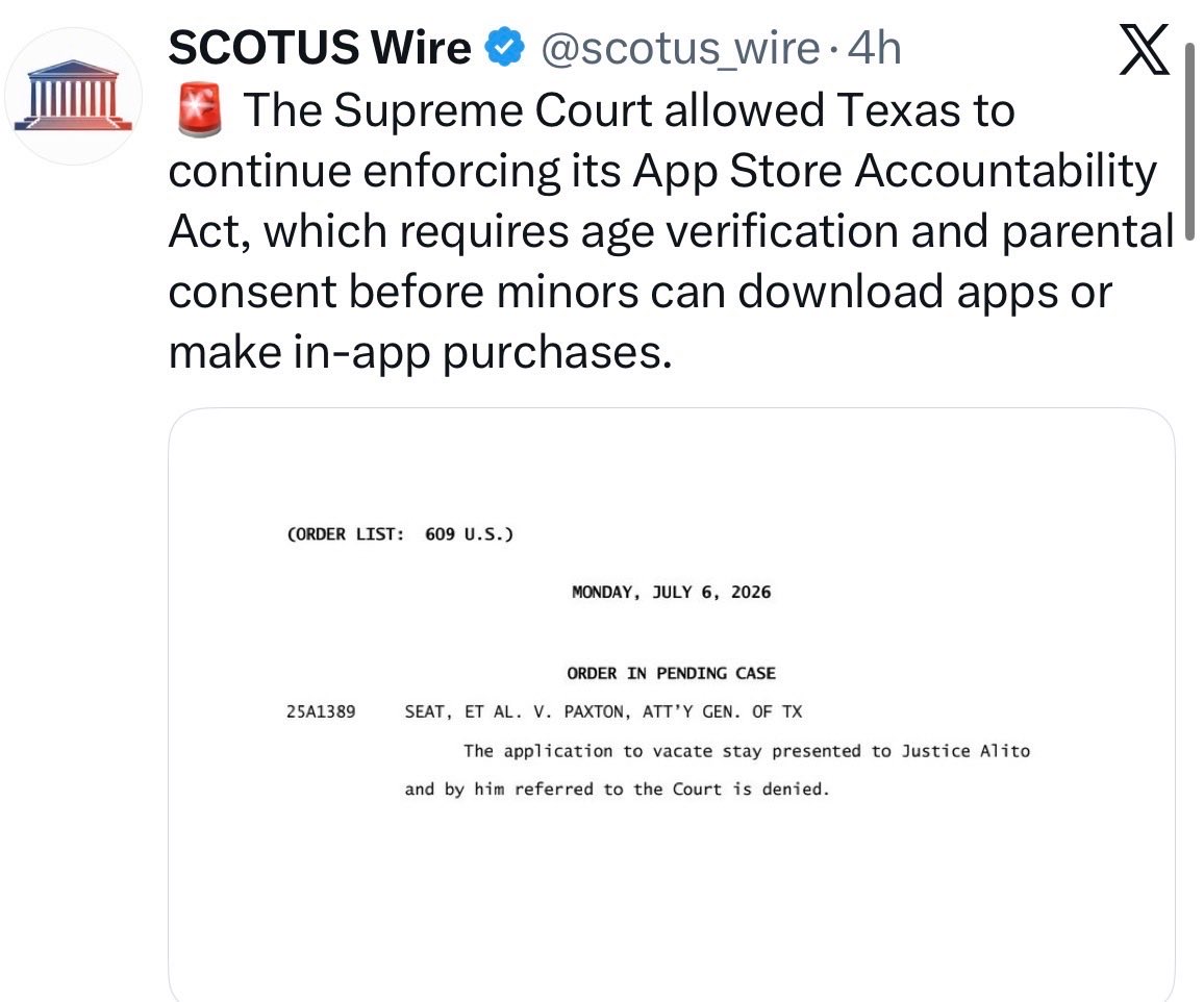 alexisence's tweet photo. Big Tech lost.
Parents won.
The U.S. Supreme Court just allowed Texas to continue enforcing its App Store Accountability Act, requiring parental consent before minors can download apps or make in-app purchases.
Parents—not Big Tech—should be making these decisions.

@SenMikeLee, let's get this across the finish line and make the App Store Accountability Act the law of the land.
#AppStoreAccountabilityAct #ProtectKidsOnline #ParentsRights