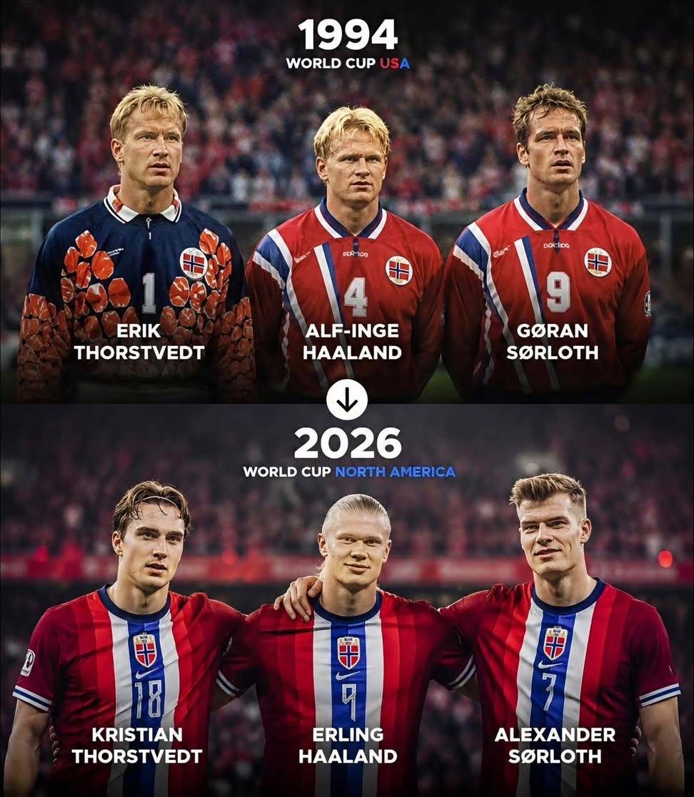 AnanthOnTrack's tweet photo. A remarkable World Cup coincidence:  in 1994, Erik Thorstvedt, Alf-Inge Haaland and Gøran Sørloth were part of Norway’s squad at the World Cup in the United States.

Thirty-two years later, at the 2026 World Cup in North America, their sons — Kristian Thorstvedt, Erling Haaland and Alexander Sørloth — are representing Norway on the same stage. #FIFA2026