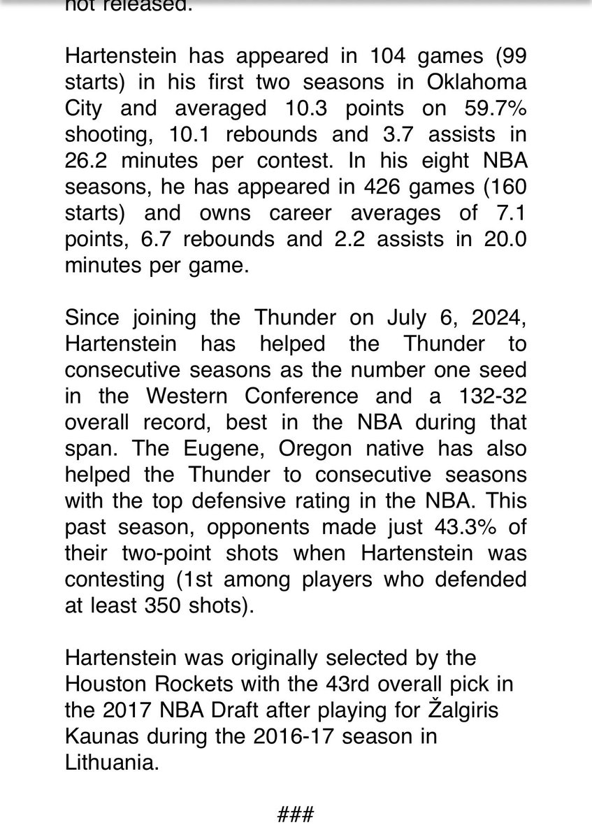 CAlmanza1007's tweet photo. Thunder PR:

The Thunder have officially signed Isaiah Hartenstein to a contract extension https://t.co/nlQn4Ybr6u