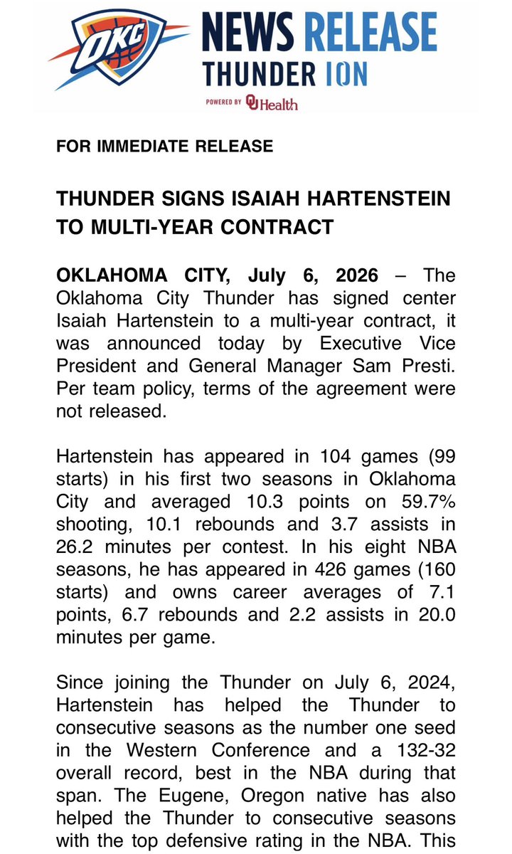 CAlmanza1007's tweet photo. Thunder PR:

The Thunder have officially signed Isaiah Hartenstein to a contract extension https://t.co/nlQn4Ybr6u