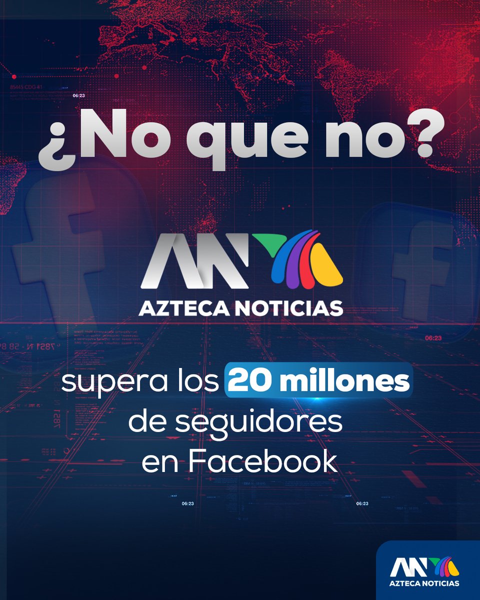 AztecaNoticias's tweet photo. 🎉 ¡Azteca Noticias supera los 20 millones de seguidores en #Facebook!

A pesar de quienes dijeron que dejaran de vernos, la audiencia decidió lo contrario: millones de personas siguen eligiendo informarse con @Azteca de @gruposalinas 

Más de 20 millones de seguidores representan millones de historias, conversaciones y personas que confían en nuestro compromiso de llevar información clara y oportuna.

Gracias por acompañarnos, por compartir y por ser parte de esta comunidad que sigue creciendo.