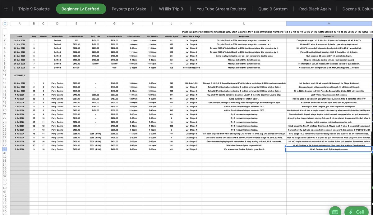 PlazaPlayer's tweet photo. I just want to share something with you.

I’ve said I’m the most honest person you could ever meet. I don’t normally go into my account but I did and I wanted to see how much details they kept with every spin on Roulette. It showed a lot more than they used to and I wanted to try and share that with you all.

Hopefully the small video I took showing ALL my history and I urge you all to compare it to the S/sheet I shared in my last update, you’ll see it matches up perfectly with what I record onto my s/sheet.

You can clearly see the profit from the day I started, matches when I started to record the daily record. No fake bollox, no AI fake bollox either. 
If I lose (and I did on the 4th July) you see it again matches up. In other words, I keep my losses on full show, for all to see.

Seeing though I’m here, I might as well update, although you can see what’s what from the S/sheet. I did fall asleep cos I was bolloxed tired and I woke up at HT in the USA World Cup game v Belgium. I played 45 Spins, I hit x3 Stage 2’s for £28.80 x3 and I have officially set a NEW ATH Woohoo of £469.70.
Remember folks, I was down to my last 30p and all this comes because Red 14 repeated. So you don’t need £hundreds to kick start something, just a bit of luck from our mate Roul and the rest they say is history.