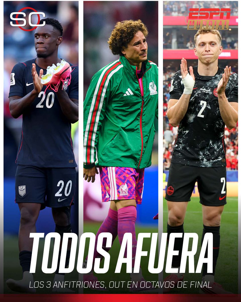 SC_ESPN's tweet photo. ❌ LOS 3 ANFITRIONES DE LA COPA DEL MUNDO 2026 QUEDARON ELIMINADOS EN OCTAVOS DE FINAL

🇨🇦 Canadá perdió 3-0 ante Marruecos en Houston
🇲🇽 México cayó 3-2 ante Inglaterra en el Estadio Azteca
🇺🇸 La Estados Unidos de Poch fue goleada 4-1 por Bélgica, en Seattle

⚽ #ESPNMundial
📺 Mirá los mejores partidos de la #FIFAWorldCup por ESPN, en el Plan Premium de #DisneyPlus