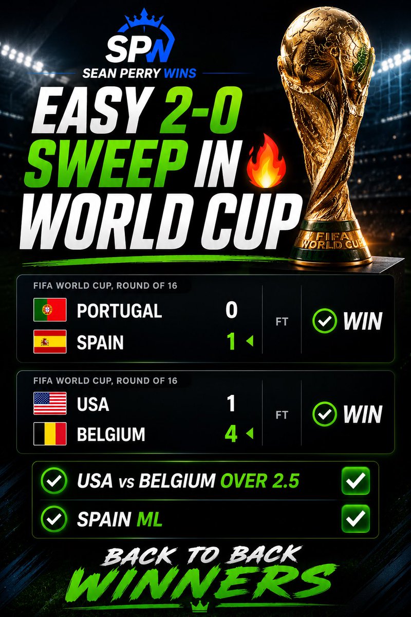 seanperrywins's tweet photo. WORLD CUP SWEEP 🧹 

✅ Spain ML 
✅ USA vs Belgium O2.5 (Supermax)

Hitting over 70% this entire tournament 

We keep printing💰🌍

Comment “FIFA” to get my biggest World Cup winners https://t.co/XJBpDznnIQ