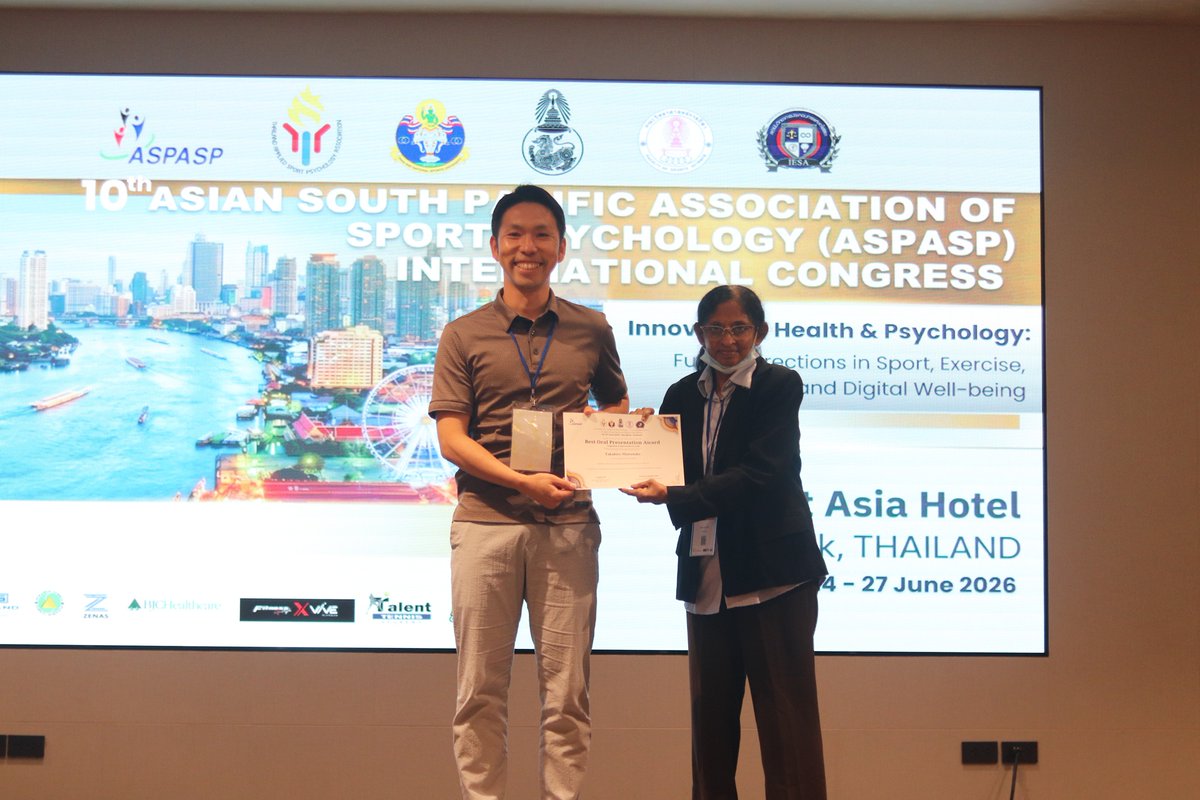 OsakaMetUniv_en's tweet photo. Dr. Takahiro Matsutake, Lecturer at the Research Center for Urban Health and Sports, was honored with the Best Oral Presentation Award in the Cognitive Neuroscience division at ASPASP 2026, held in Bangkok, Thailand.
#OMU #ASPASP2026 #Japan #Thailand #research #neuroscience https://t.co/sLudZJTNQS
