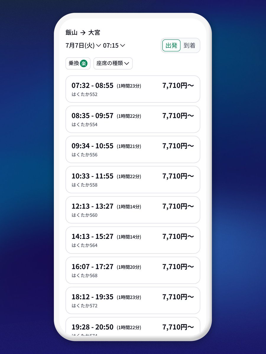 JREGO_official's tweet photo. 本日は7月7日、七夕ですね🎋

飯山→大宮で検索すると

7月7日
7時台
7,700円台
のルートがありました。
そして新幹線はE7/W7系。
駅名や便名にも「7」がつくものはありますが、
全部集めるのはなかなか難しそうです。

七夕の星探しならぬ、JRE GOの「7」探しでした。
#JREGO #七夕 #E7系 https://t.co/LsxKv5b15B