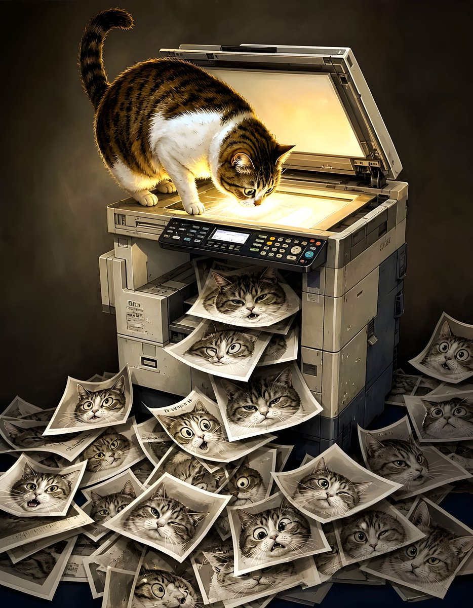 NightcafeStudio's tweet photo. Somewhere an office manager is quietly weeping about the toner budget. 🖨️🐾

Created by NightCafe artist u/2008bluegreen | "Copycat" https://t.co/aTvV86hWp1