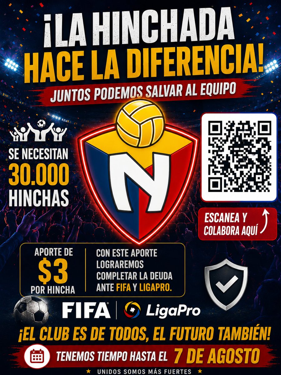 RojodigitalEc's tweet photo. 🚨 EL NACIONAL NOS NECESITA. HOY ES EL MOMENTO DE DEMOSTRARLO🚨 
La historia de nuestro club siempre ha sido escrita por su gente. Hoy tenemos una nueva oportunidad de demostrar que la hinchada de El Nacional nunca abandona.

La meta es clara: reunir el dinero necesario para cumplir con las obligaciones pendientes ante FIFA y LigaPro antes del 7 de agosto.

Si 30.000 hinchas aportamos apenas $3, lo lograremos.
Un pequeño esfuerzo de cada uno puede marcar una enorme diferencia para el futuro del club.

Escanea el código QR y realiza tu aporte. 

La cuenta utilizada es la misma que sirvió para recaudar las ayudas impulsadas por las exglorias del club, brindando continuidad a esta iniciativa de apoyo.

No importa si eres socio, abonado o simplemente un hincha de corazón. Cada dólar suma. Cada aporte cuenta. Cada rojo hace la diferencia.
¡El Nacional es de todos! Unidos podemos sacar adelante al equipo.

DATOS BANCARIOS 
Banco: Banco Pichincha
Tipo de cuenta: Cuenta Corriente
Número de cuenta: 2100323753
Titular: RESCOBRANZAS S.A.S
RUC: 1793190402001

@elnacionalec