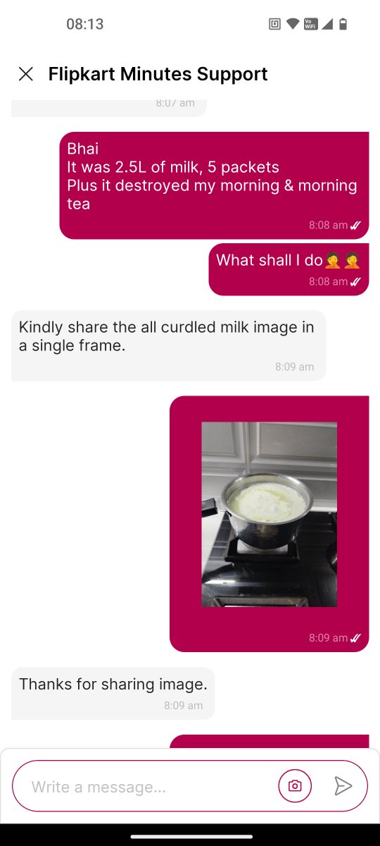 ntn_sarcasm's tweet photo. @Flipkart @flipkartsupport @Flipkartminutes Moreover, after talking to customer care, they asked me to share all the curdled milk pics.
And after sharing it with them, they said it can't be done as System isn't accepting returns from your account.
Like What the hell Shall I do?
If nothng can b done, kindly delete my acnt🤦 https://t.co/dktJvlucbU