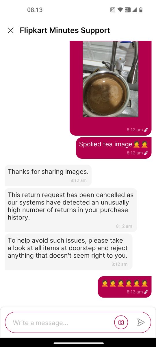 ntn_sarcasm's tweet photo. @Flipkart @flipkartsupport @Flipkartminutes Moreover, after talking to customer care, they asked me to share all the curdled milk pics.
And after sharing it with them, they said it can't be done as System isn't accepting returns from your account.
Like What the hell Shall I do?
If nothng can b done, kindly delete my acnt🤦 https://t.co/dktJvlucbU