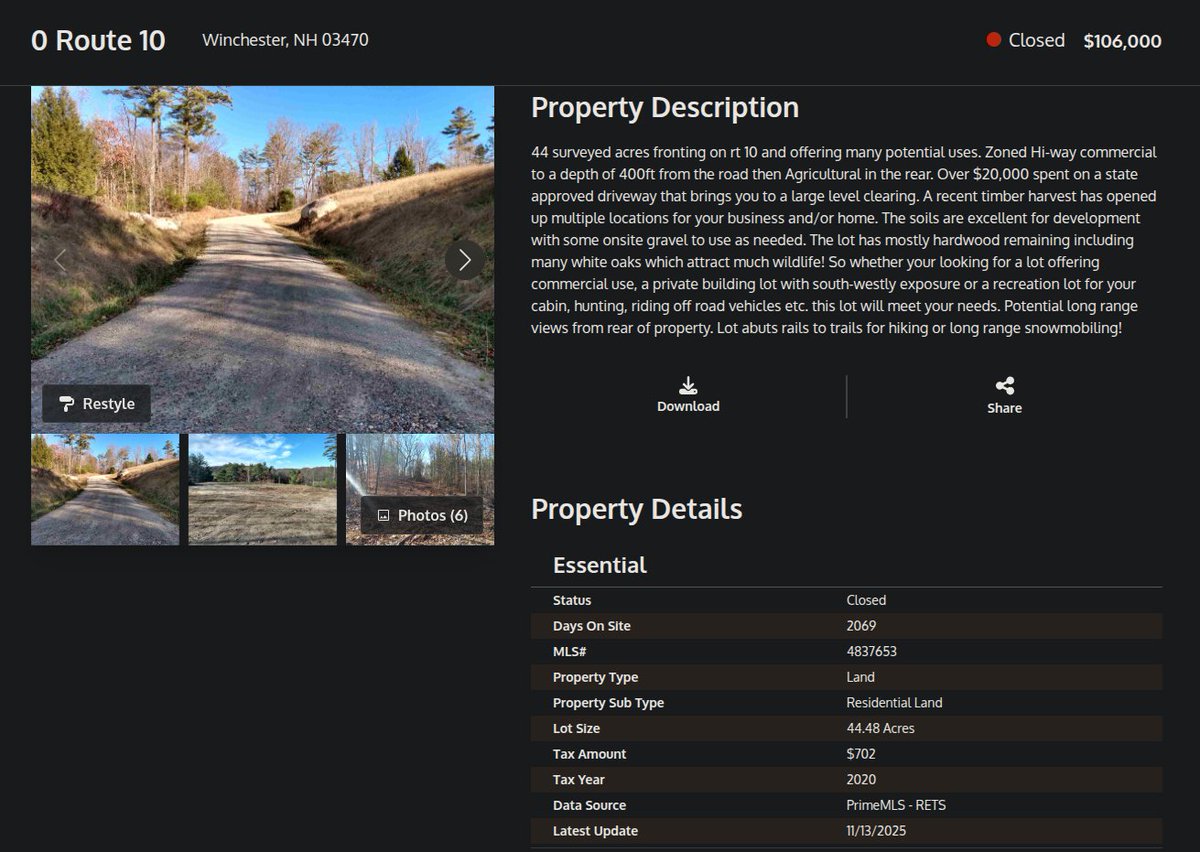 b_mc23's tweet photo. @CaseyBHead Sale history is conflated. This is two parcels combined. The $106K sold was just a 44 acre parcel. The $2.1M listing is a 300 + 700 acre parcels.

Zillow shows the two MLS numbers you can search on PrimeMLS. https://t.co/vWAMJit1NZ