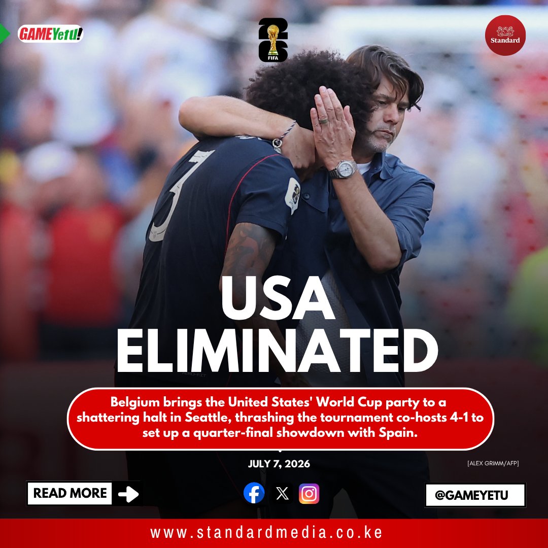 GameYetu's tweet photo. FULL-TIME: USA 🇺🇸 1-4 🇧🇪 Belgium
The Red Devils bring the United States' #FIFAWorldCup party to a shattering halt in Seattle, thrashing the tournament co-hosts 4-1 to set up a quarter-final showdown with Spain. https://t.co/k8GFmKSH6V