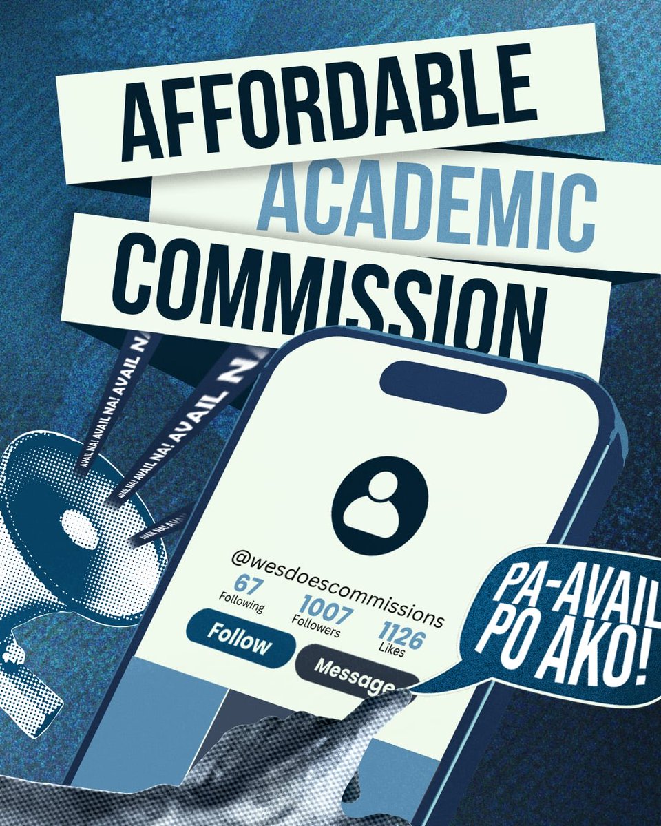 Wescomms's tweet photo. Open for commissions!

Writing services 
- essays, reflection, reaction, analytical, argumentative, and more!
- Case studies
- Nursing case study (any part)
- Nursing care plan (NCP) &amp; Drug study

Arts &amp; Design
- Pubmats
- Logo
- Brochure
- Pamphlet
- Trifold https://t.co/gGhkOowp4f