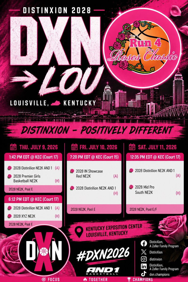 DistinXion's tweet photo. 🏀🌹 RUN 4 ROSES CLASSIC 🌹🏀

Our DistinXion 2027, 2028, 2029, and 2030 women’s teams are headed to one of the nation’s premier exposure events, the @TFNsRun4Roses in Louisville, KY!

Good luck to all our DXN players and teams!!

#DXN2026 #Run4RosesClassic #AND1Basketball https://t.co/m0CYikpyka
