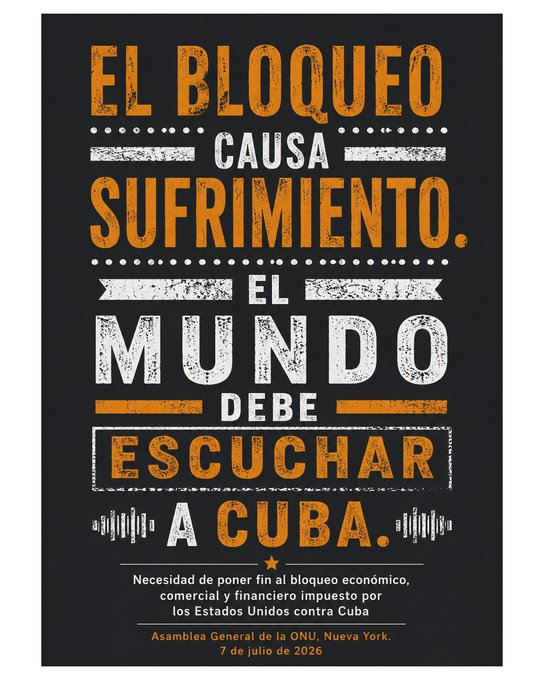 EmbaCubaUS's tweet photo. Cuba continues to face the impact of the energy blockade, a policy that limits our development and affects daily life of people. Families endure long hours without power and basic services face challenges. 

Today at the UN, Cuban Foreign Minister @BrunoRguezP  presents the humanitarian impact of the US policy.