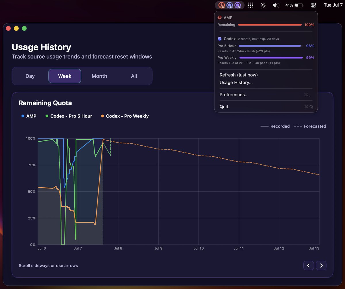 AlexH2035's tweet photo. Added a smarter forecasting engine to Rashun last night.

Forecasting makes Rashun more than a usage limit display – it powers usage projections, pacing scores, and warnings.

It adapts to your usage hours and more, helping tell if you'll run out or leave tokens unused. https://t.co/n8rWmlbOz9