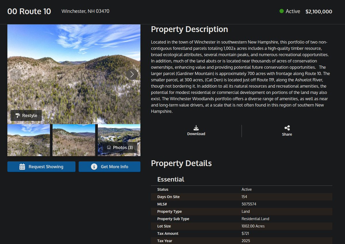 b_mc23's tweet photo. @CaseyBHead Sale history is conflated. This is two parcels combined. The $106K sold was just a 44 acre parcel. The $2.1M listing is a 300 + 700 acre parcels.

Zillow shows the two MLS numbers you can search on PrimeMLS. https://t.co/vWAMJit1NZ