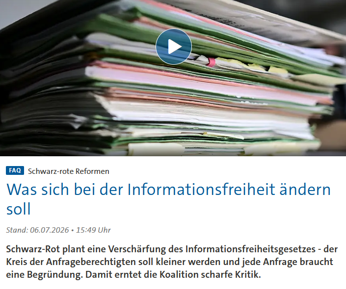 PeterBorbe's tweet photo. Der Bürger ist unserer Regierung lästig, diese Einstellung trieft aus jedem neuen Vorgaben der Schwarz-Roten. So auch beim Informationsfreiheitsgesetz, das eigentlich dazu dienen sollte, staatliches Handeln transparenter zu machen. Es soll nun beschnitten werden, anstatt freier Auskunft für alle muss künftig ein "berechtigtes Interesse" nachgewiesen werden, und immer mehr Bereiche sollen "besonderen Schutzbedarf" erhalten - also gar nicht mehr abgefragt werden können.
Die Regierung hätte wohl am liebsten, dass ihr gar niemand mehr auf die Finger schauen kann.
https://t.co/wS8viwliYJ