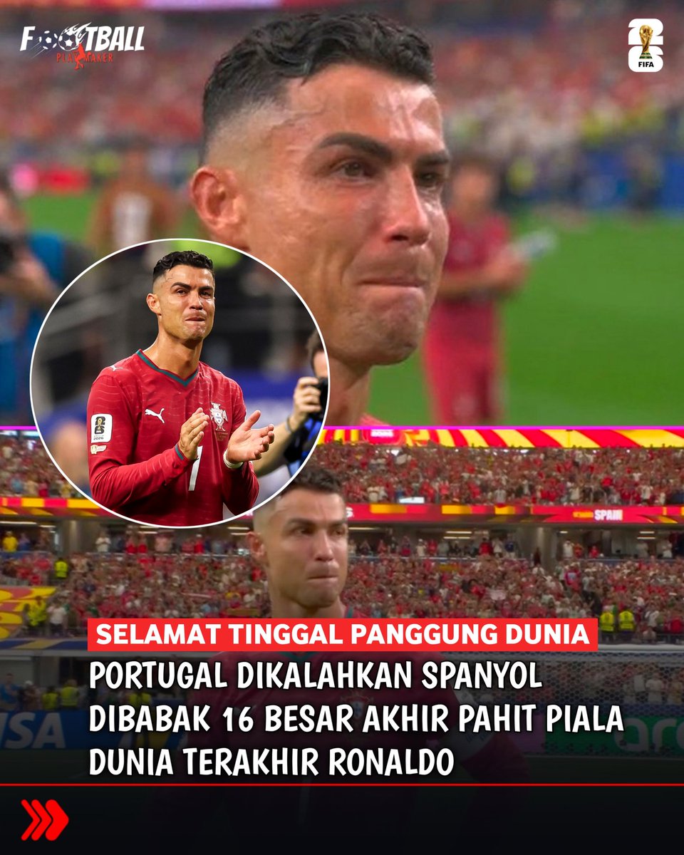 BalafansTv's tweet photo. Pada Pertandingan babak 16 besar Piala Dunia 2026 antara Portugal dan Spanyol berakhir dramatis: kemenangan tipis Spanyol lewat gol telat Mikel Merino (90+1') di Dallas Stadium mengakhiri harapan Portugal — dan sekaligus menutup babak Piala Dunia terakhir Ronaldo bersama timnas. https://t.co/e2nyTKEQeo