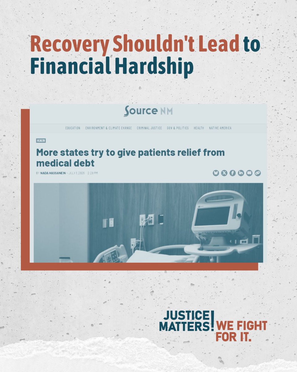 Justice4AllNM's tweet photo. Recovery shouldn't lead to financial hardship.

States are exploring ways to reduce the burden of medical debt so patients can focus on healing—not years of financial uncertainty.

Justice Matters. We Fight For It.

https://t.co/PxBTf42jQv

#JusticeMatters #MedicalDebt https://t.co/qN94KsUp0X