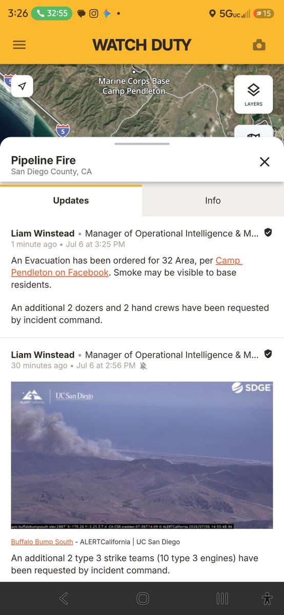 buell003's tweet photo. #CampPendleton #PipelineFire: via Liam Winstead • Manager of Operational Intelligence & Mapping • 1 minute ago • Jul 6 at 3:25 PM.

An #Evacuation has been ordered for 32 Area, per #CampPendleton on Facebook. Smoke may be visible to base residents. An additional 2 dozers and 2 hand crews have been requested by incident command. Camp Pendleton fb link: https://t.co/v8Iu6p7clI, website 

Liam Winstead • Manager of Operational Intelligence & Mapping on Jul 6 at 2:42 PM noted via @watchdutyapp that evacuations of MASS-3 have been requested by incident command. Additional aircraft from #CALFIRE have been requested.

The fire is now 30-plus acres with a moderate rate of spread and a potential for 100 acres, per incident command. An additional 2 Type 1 engines have been requested for structure protection on Macs Road. 1 copter has also been requested: https://t.co/cr0JocYyW8 cc: @NorthCountyFire