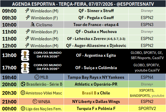 EsportesNaTV's tweet photo. A agenda esportiva desta TERÇA-FEIRA (07/07/2026) https://t.co/lNCyYEIGQe