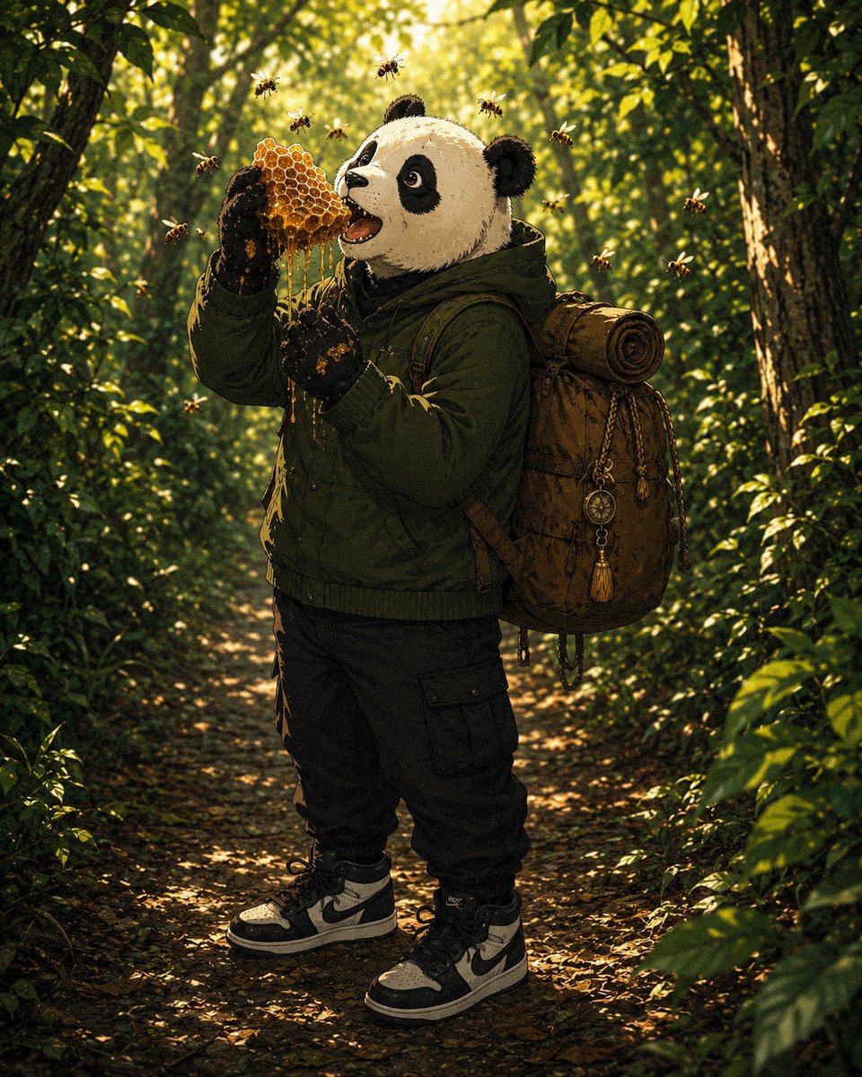 Panda_Timex's tweet photo. A little sweetness goes a long way on a long journey. 🍯

I found a beehive hidden deep in the forest and took just enough to keep me going.

The bamboo still hasn’t revealed itself… but I know it’s somewhere ahead. 🌿

#Panda #PandaAdventures #Bali #FindYourBamboo #Honey #Solana