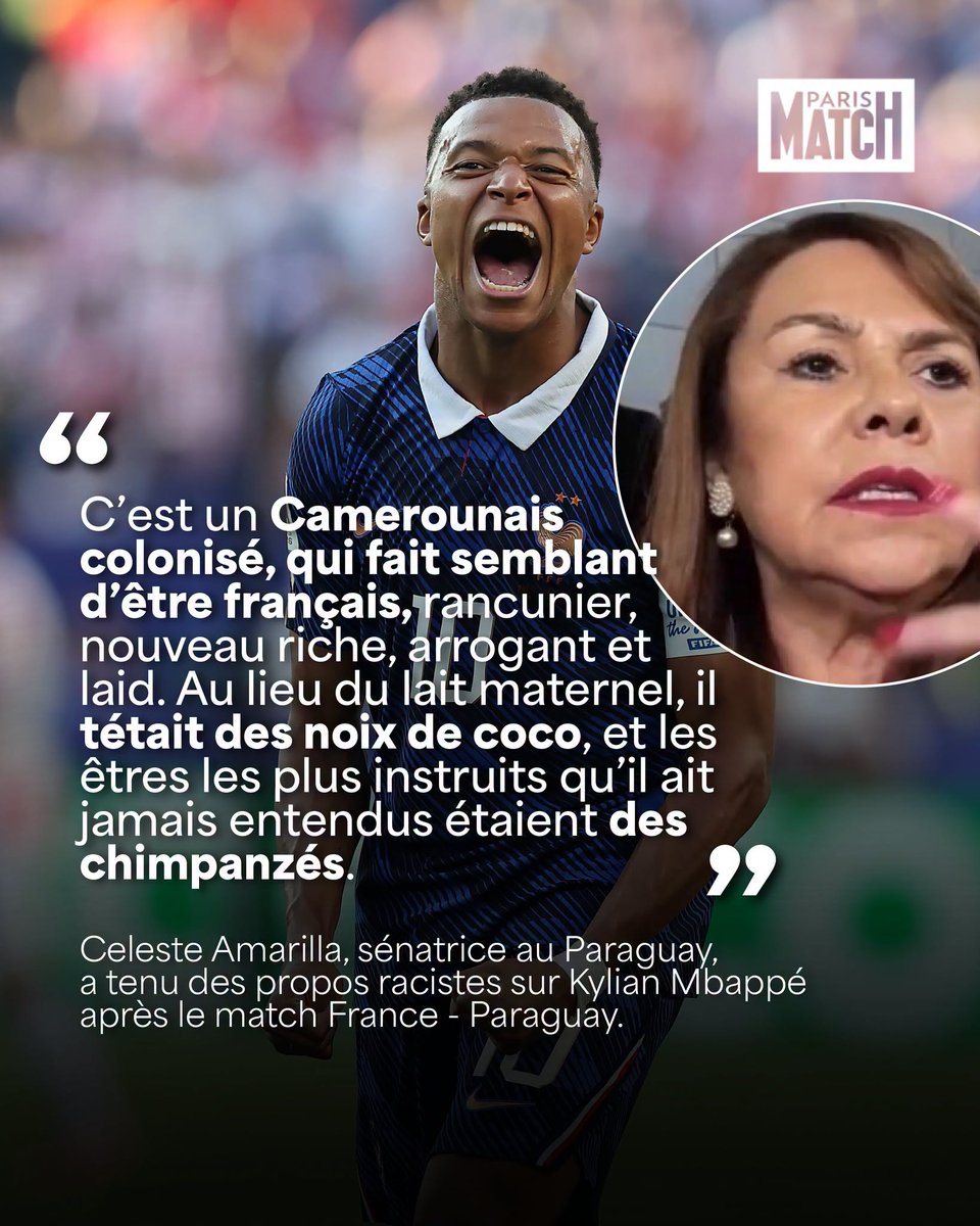 InfosFrancaises's tweet photo. ⚽ FOOT : Les attaques racistes contre Mbappé et l’équipe de France d’une sénatrice du Paraguay prennent une tournure politique, après le match du Mondial contre le Paraguay.

Ce soir, Emmanuel Macron apporte son soutien à Kylian Mbappé après les propos infects de racisme à son encontre de la sénatrice paraguayenne Celeste Amarilla.

Le président paraguayen a écrit au président français en ce sens, condamnant les propos qui ont été tenus comme l’a fait le ministère des affaires étrangères paraguayen, annonce l'Élysée.

La FFF engage des poursuites judiciaires et procède à un signalement au parquet.
"Plus que jamais la FFF entend lutter contre le racisme et toute forme de discriminations. Les joueurs de l’Équipe de France représentent la France, c’est notre pays qui est insulté"

Mbappé dénonce "une femme méprisable et indigne de sa fonction".