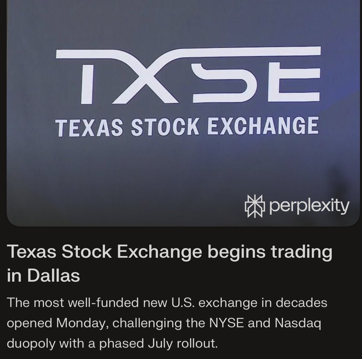 wallstengine's tweet photo. Texas Stock Exchange has started its phased trading rollout in Dallas.

Initial activity runs through test symbols from July 6-9, with live trading in select securities scheduled to begin July 10. Broader symbol rollout is expected through July.

TXSE expects ETP listings in September, corporate listings in October, and IPOs in 2027

The exchange is backed by major firms including BlackRock, Citadel Securities, Charles Schwab, and JPMorgan, with more than $250M raised.