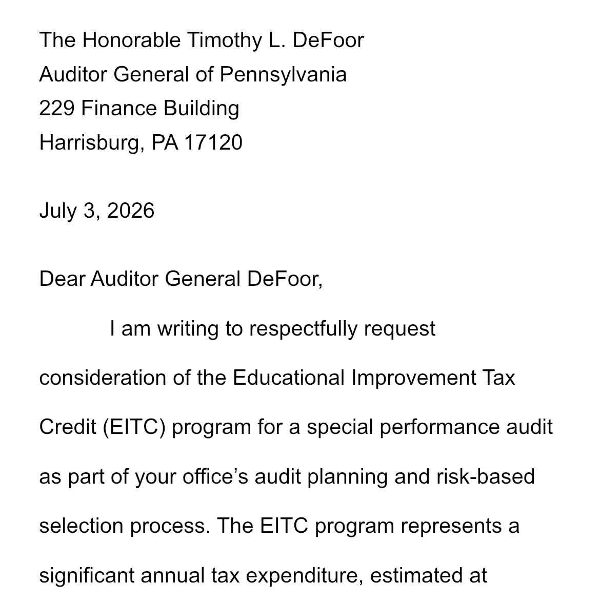 ChrisManoPA's tweet photo. I recently submitted a request asking the @PAAuditorGen Pennsylvania Auditor General to consider the Educational Improvement Tax Credit (EITC) program for a performance review focused on student outcomes. https://t.co/jfbKTU0hSM