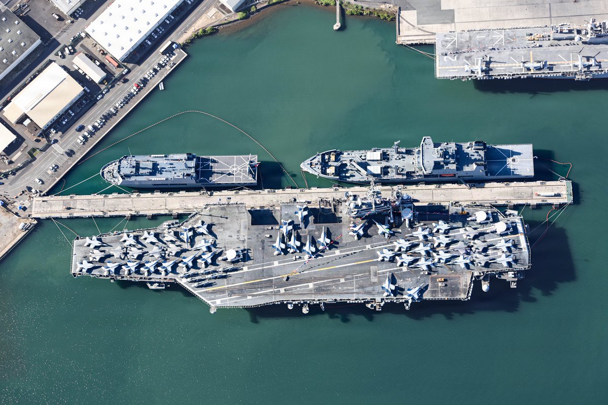 VirtualBayonet's tweet photo. Getting ready for RIMPAC! USS Theodore Roosevelt (CVN 71), Peruvian Navy tank landing ship BAP Pisco (AMP 156), Royal New Zealand Navy auxiliary ship HMNZS Aotearoa (A11), and USS Essex dock at Joint Base Pearl Harbor-Hickam, Hawaii, July 3, 2026 https://t.co/CgHGWMDtJK