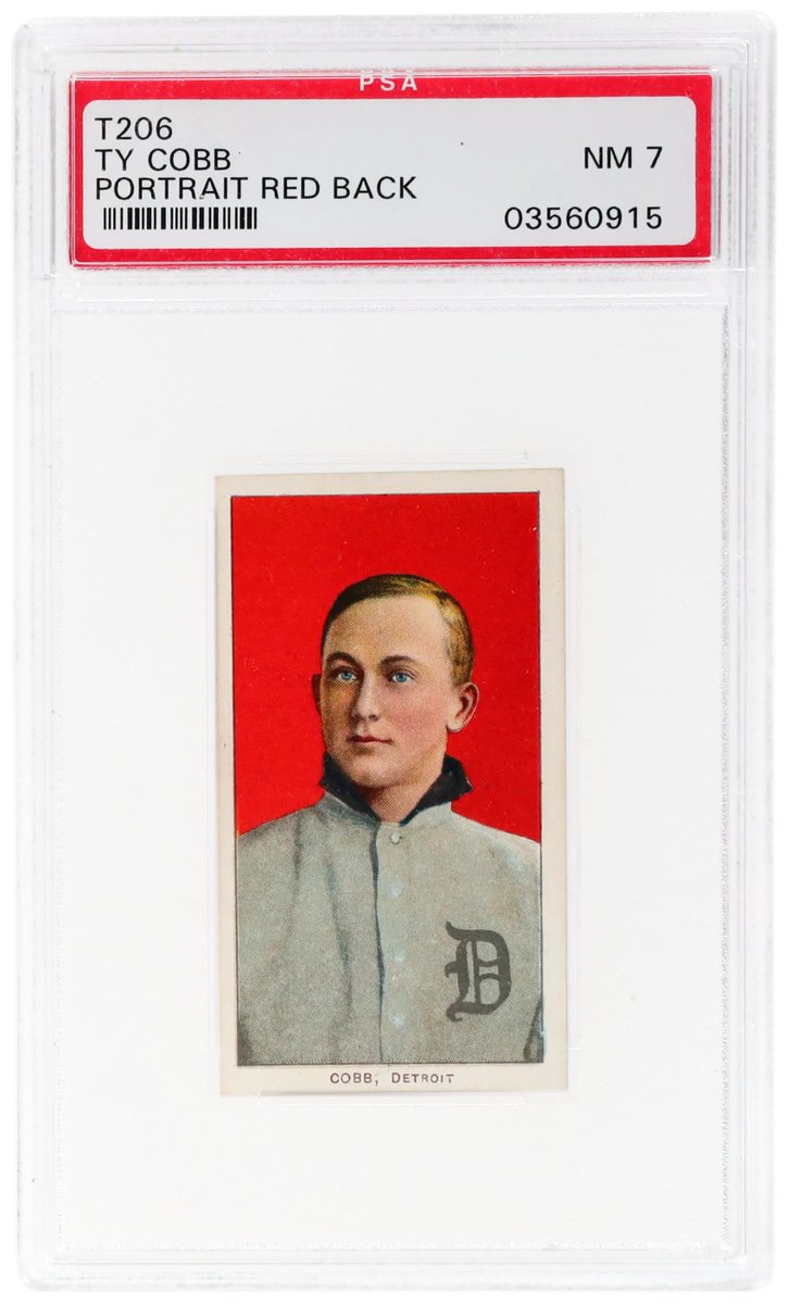 altxyzofficial's tweet photo. This Ty Cobb card, worth over $50,000, came from a 5-cent pack of cigarettes 😮

The T206 portrait of Ty Cobb, set against a brilliant red background, is considered by many collectors to be his most classic card. It is one of the most recognizable and popular of all vintage baseball cards.

This copy came from a 5-cent pack of Sweet Caporal Cigarettes from 1909-1911, and it is one of the highest-graded copies, boasting a PSA 7.

Just 21 copies have ever been graded higher for this version.

Bid: https://t.co/xr3VkOZbWV