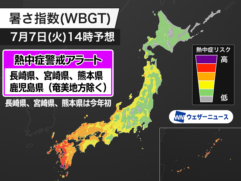 wni_jp's tweet photo. 【熱中症警戒アラート】今日7月7日(火)、環境省と気象庁は熱中症警戒アラートを鹿児島県（奄美地方除く）・熊本県・宮崎県・長崎県に発表しました。熊本県・宮崎県・長崎県では今年初めての発表です。こまめに水分を補給するなど積極的に熱中症予防を行ってください。
https://t.co/ToRaFAPuOa https://t.co/YbYVAmbjiT