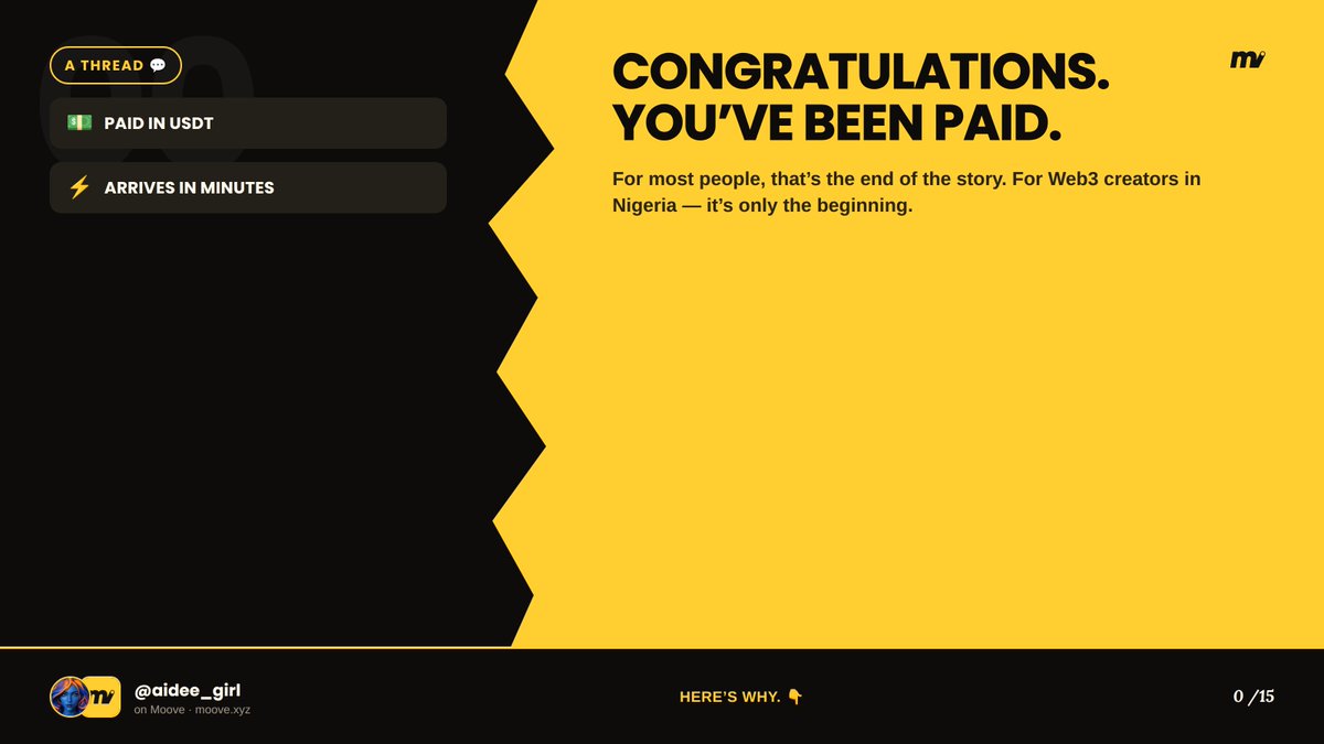 Aidee__girl's tweet photo. “Congratulations, you’ve been paid.”

For most people, that’s the end of the story.

For many of us building in Web3, it’s only the beginning.

As a creator in Nigeria, I’ve been paid in USDT for ambassador programs, content creation, and community campaigns. The payment usually arrives in minutes…

…but actually using that money has often been the hardest part.

That’s why I believe @moovexyz One-Click Off-Ramp is one of the most practical features Web3 has introduced in a long time.

Here’s why. 🧵👇