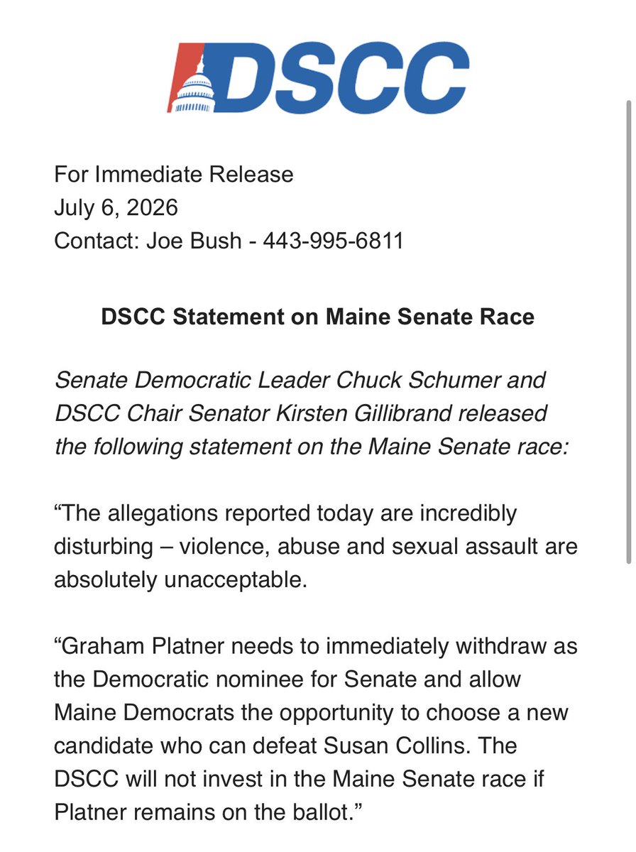 merica's tweet photo. Schumer and Gillibrand call on Platner to drop out. https://t.co/DhuLXBtYmD