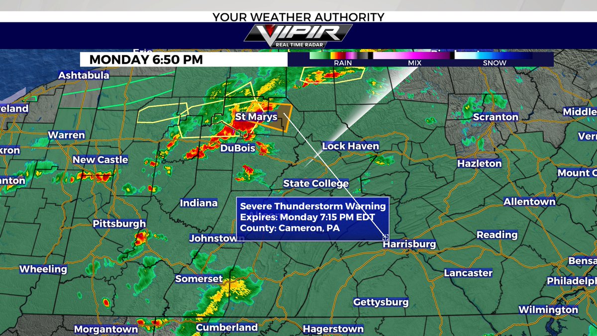 Mark_Mancuso_'s tweet photo. Severe thunderstorm warning for Elk and Cameron counties.  60 mph wind gusts and penny size hail, moving east at 20 mph https://t.co/haCJFQIAci