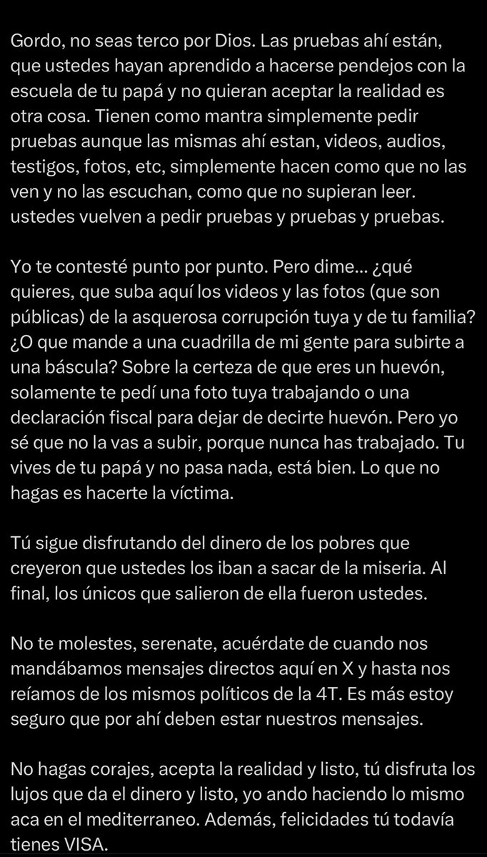 LuisCardenasMx's tweet photo. 🚨 Continúa el intercambio entre José Ramón López Beltrán y Ricardo Salinas Pliego en X.

El hijo del expresidente Andrés Manuel López Obrador respondió al empresario y reiteró que, desde el inicio de la discusión, ha solicitado una prueba de que haya cometido algún delito. Afirmó que, si existe evidencia, debe presentarse ante las autoridades competentes y no solo difundirse en redes sociales.

En respuesta, Salinas Pliego sostuvo que las pruebas ya existen y son públicas, al asegurar que hay videos, audios, fotografías y testimonios. Además, insistió en sus señalamientos sobre el patrimonio y el estilo de vida de López Beltrán y su familia. Ambos mantienen el intercambio público en la plataforma X.