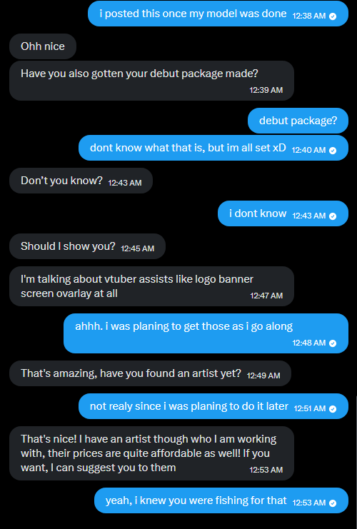 WaksVTuber's tweet photo. oh boy, havent done one of these one in a while. @LyraFrost_vt is another one of the fake Vtuber accounts that will ask you about what kind of Vtuber stuff so they can try and send you to their "artist" https://t.co/BRw9sWEIiy