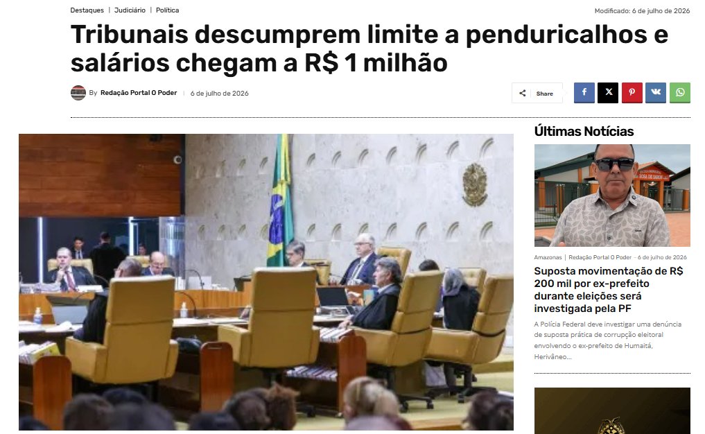 LagSignal's tweet photo. Mooska aqui.

O brasileiro acorda às 5 da manhã.

Pega ônibus lotado.

Paga imposto até no café.

Trabalha o mês inteiro para tentar fechar as contas.

Enquanto isso...

existem tribunais onde salários de R$ 1 milhão aparecem com um nome elegante:

"penduricalhos".

Perceba o truque.

Quando o cidadão recebe um auxílio, chamam de gasto.

Quando parte da elite do Estado cria um jeito de furar o teto constitucional...

chamam de verba indenizatória.

No Brasil, o problema nunca foi a falta de teto.

Foi descobrir que alguns moram acima dele.

E depois perguntam por que o brasileiro perdeu a confiança.

Não foi por causa da corrupção.

Foi porque ela deixou de sentir vergonha.

E passou a emitir contracheque.
#Política 
#Brasil 
#Penduricalhos
