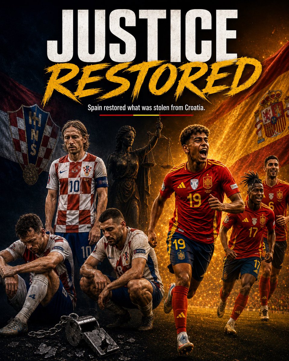 lagodaera's tweet photo. Croatia’s dream was stolen on July 2.

Today’s match proved it:
Croatia belonged on that pitch.

Spain restored justice.
Portugal finally went home.

🇭🇷🤝🇪🇸 https://t.co/RfBMMKRp7m