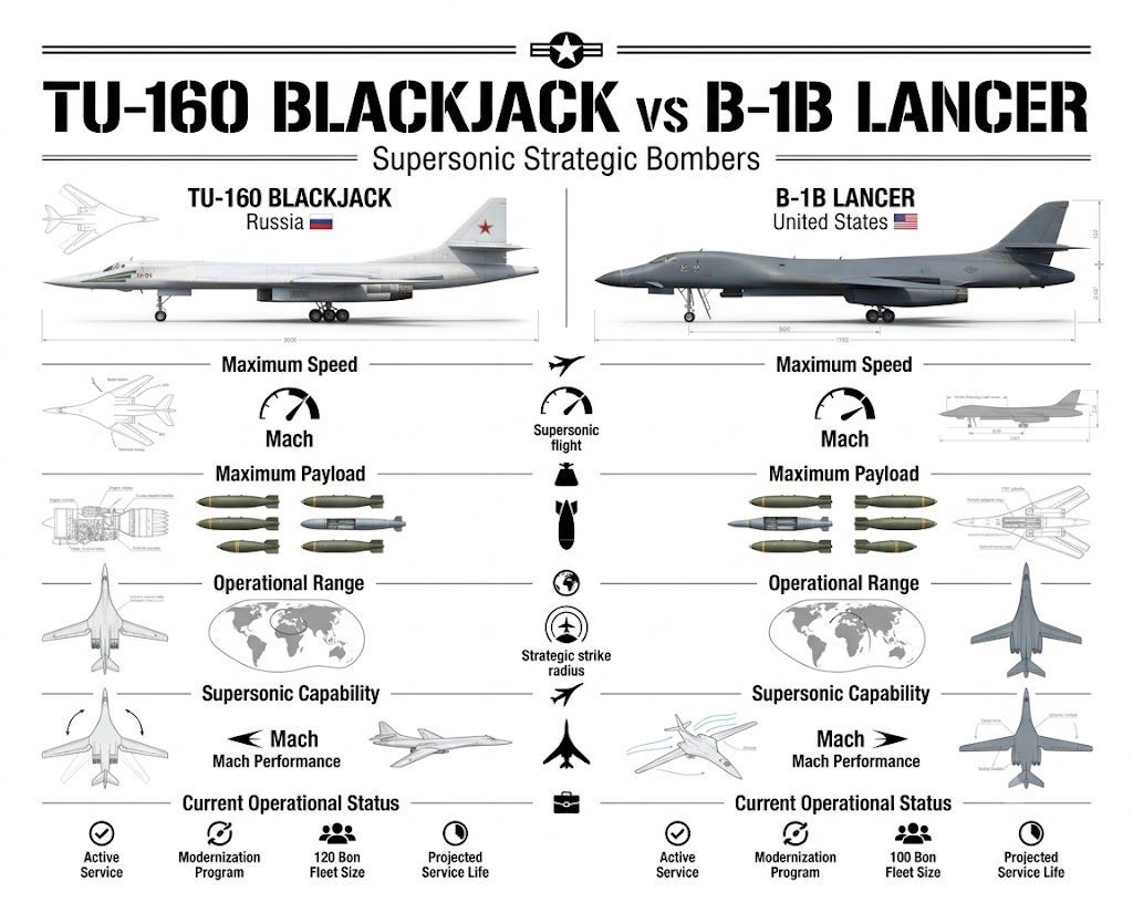 stat_strike's tweet photo. Tu-160 vs B-1B Supersonic Bombers Comparison

Compare the Tu-160 Blackjack and B-1B Lancer supersonic bombers, covering maximum speed, payload capacity, combat range, supersonic capability, strategic bombing, long-range strike missions, military aviation, and the current operational status of both heavy bombers.

#Tu160 #B1BLancer #StrategicBomber #MilitaryAviation #MilitaryComparison