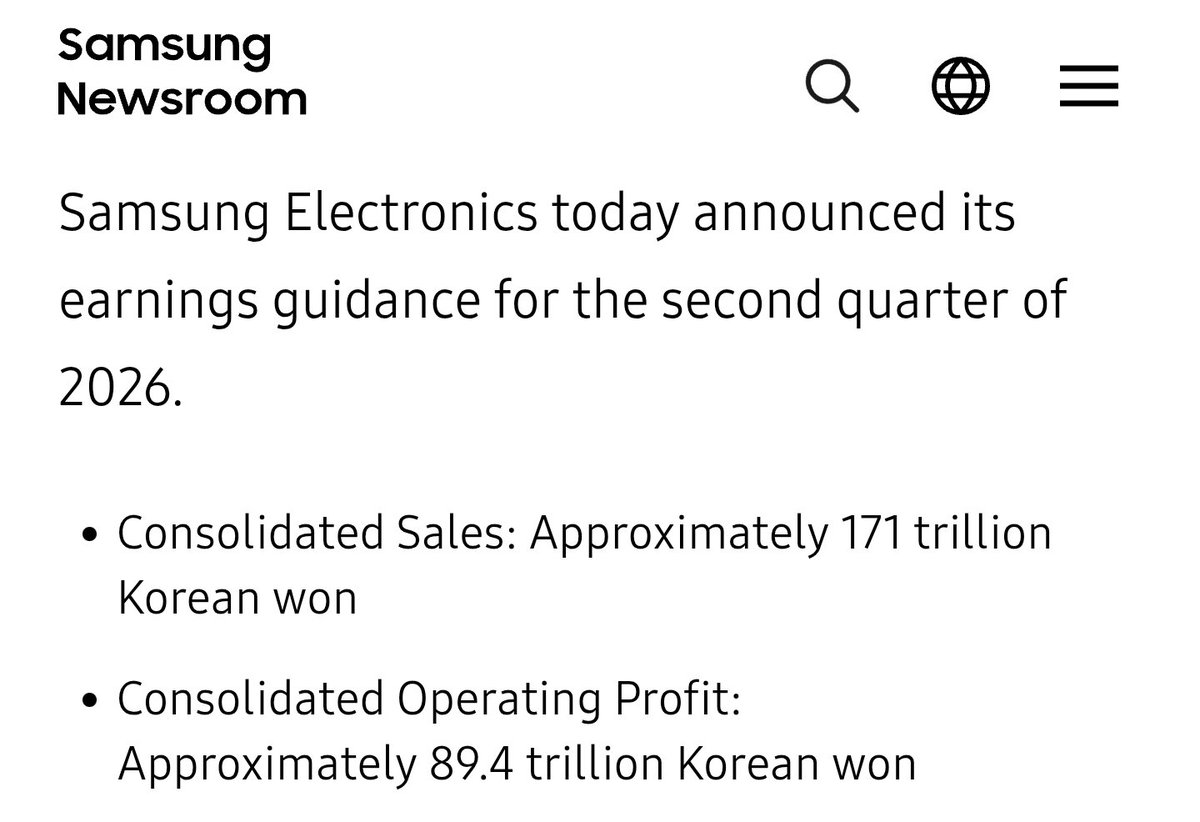 ParadisLabs's tweet photo. Samsung preliminary Q2 results:

Revenue: 
Q2: KRW 171 Trillion (+129% YoY)
Q1: KRW 133.9 Trillion

Operating Profit: 
Q2: KRW 89.4 Trillion (+1,810% YoY)
Q1: KRW 57.2 Trillion

Memory! https://t.co/4tXR4cLLOm