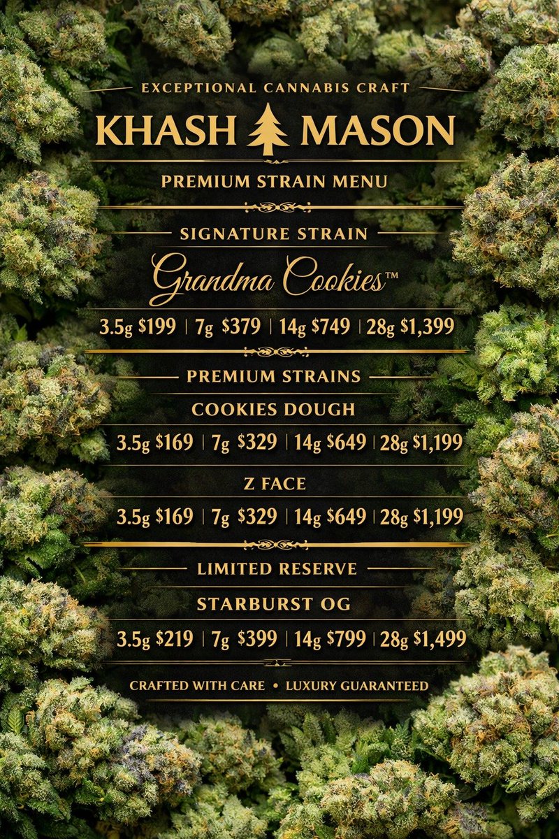 khashTreeMason's tweet photo. 🔥 Exceptional Cannabis Craft meets potency.
💎 Signature strain: Grandma Cookies™
🌿 Premiums: Cookies Dough, Z Face
🌟 Limited Reserve: Starburst OG
#KhashTreeMason #PremiumCannabis #GrandmaCookies #LuxuryFlower https://t.co/62RGDc4uDT
