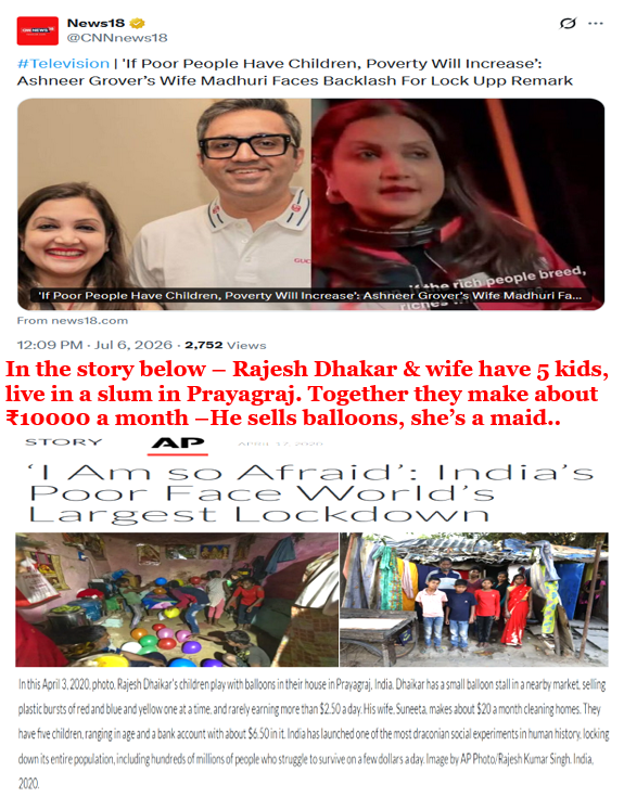 mediacrooks's tweet photo. What Mrs @Ashneer_Grover said isnt wrong. Nothing elitist. Its an UGLY FACT. If the poor produce more kids, they add to their own poverty &amp;  pathetic life but also burden the country's resources. Nothing wrong in 1-2, but a whole litter only benefits @NarendraModi politically.. https://t.co/VDd3wsqXJT
