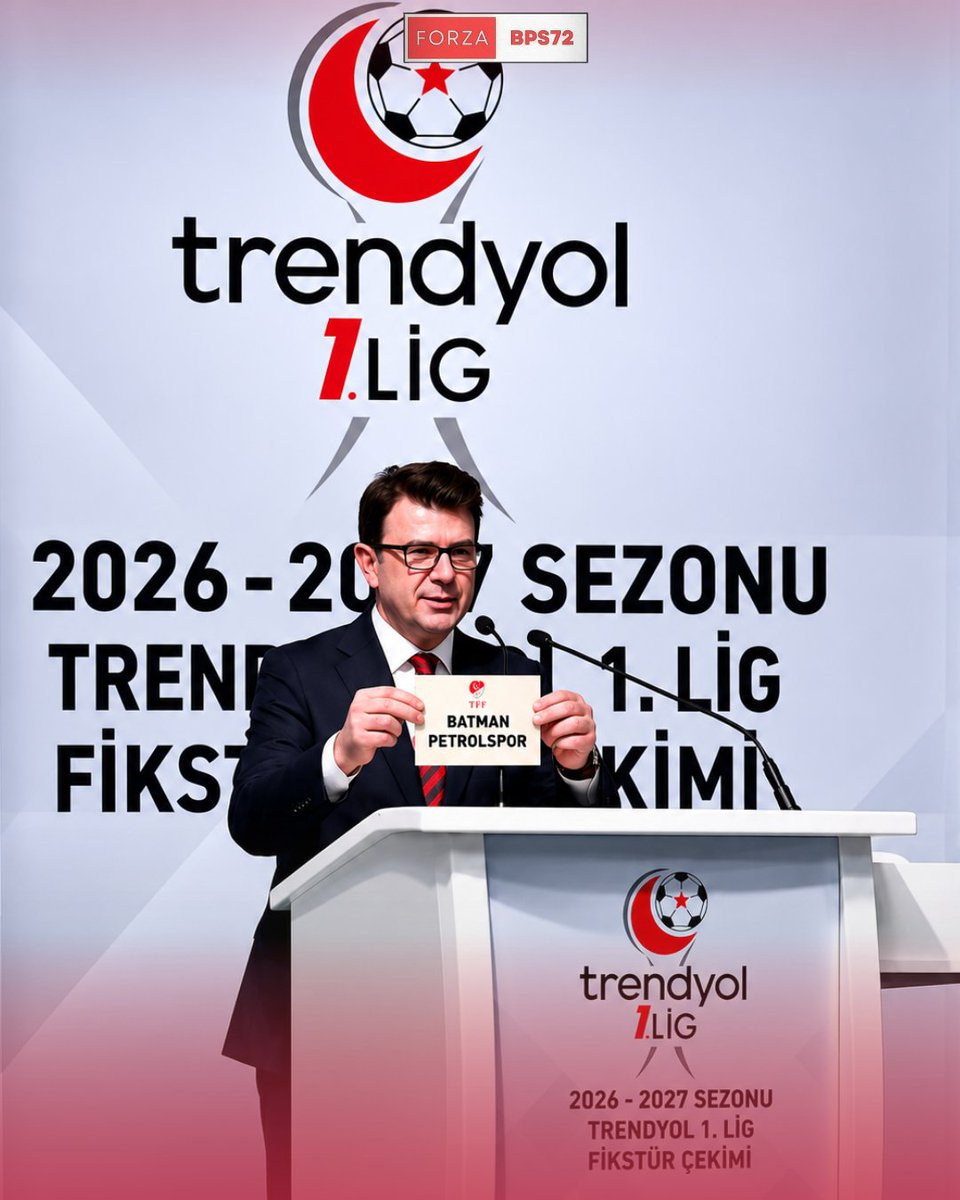 Forzabsp72's tweet photo. 🗓️ YENİ SEZON HEYECANI BAŞLIYOR!
Trendyol 1. Lig’de 2026-2027 sezonu fikstür çekimi 10 Temmuz Cuma günü saat 15.00’te Riva’da gerçekleştirilecek.
Batman Petrolspor’umuzun rakipleri ve maç takvimi bu Cuma netleşiyor. 
#BatmanPetrolspor #Trendyol1Lig #Fikstür #Petrolspor #batman72 https://t.co/r5QtjIoGVi
