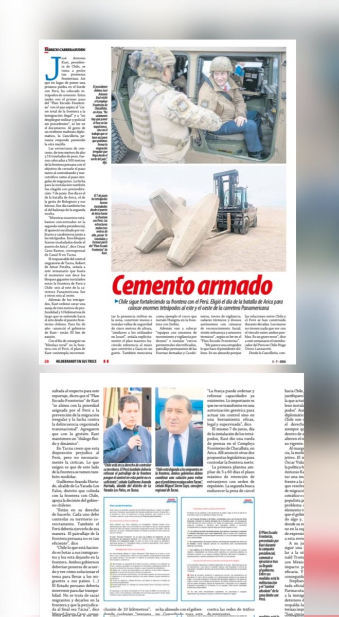 ensustrece's tweet photo. En #Hildebrandt @ensustrece: CEMENTO ARMADO por @fabricicabrera. Chile sigue fortaleciendo su frontera con el Perú. Eligió el día de la batalla de Arica para colocar enormes tetrápodos al este y el oeste de la carretera Panamericana. El reportaje en https://t.co/ofhuiX1sZu. https://t.co/DLwXis0OrL