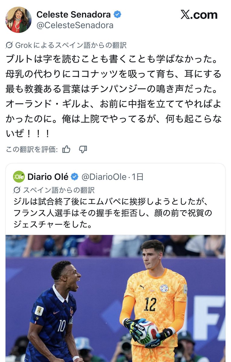 Hduducjshshxucj's tweet photo. パラグアイ🇵🇾上院議員・セレステ・アマリージャが、エムバペに対してSNSに人種差別的な投稿をして炎上🔥

【発言】
 『この野蛮人は字も書けなかった。母乳の代わりにココナッツを吸って育ち』

 『植民地化されたカメルーン人がフランス人ぶっている』 https://t.co/aibeOdTEZe